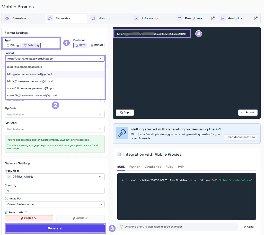 generating mobile proxies from the dashboard