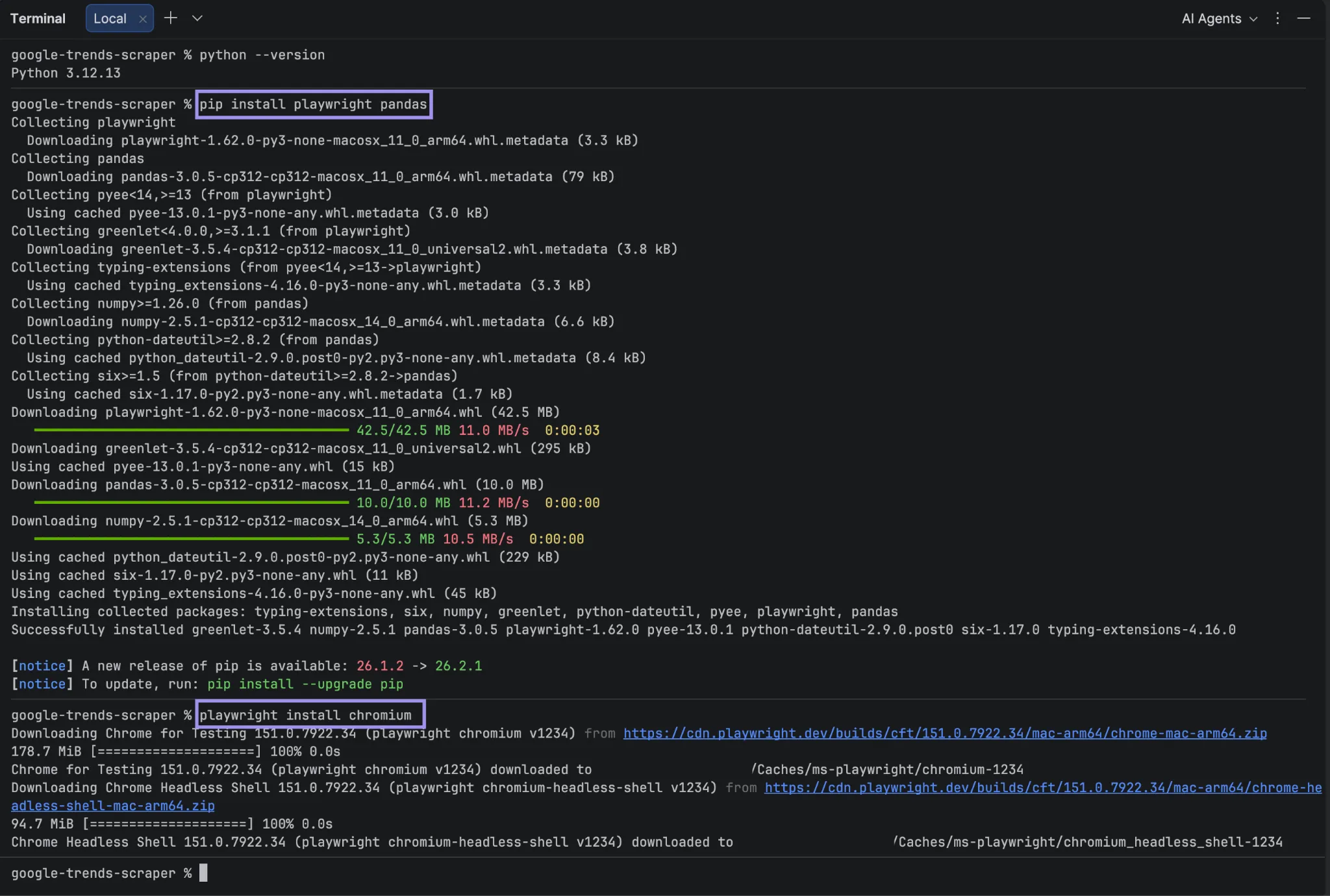 Terminal showing the commands to install Playwright, pandas, and Chromium for the scraper