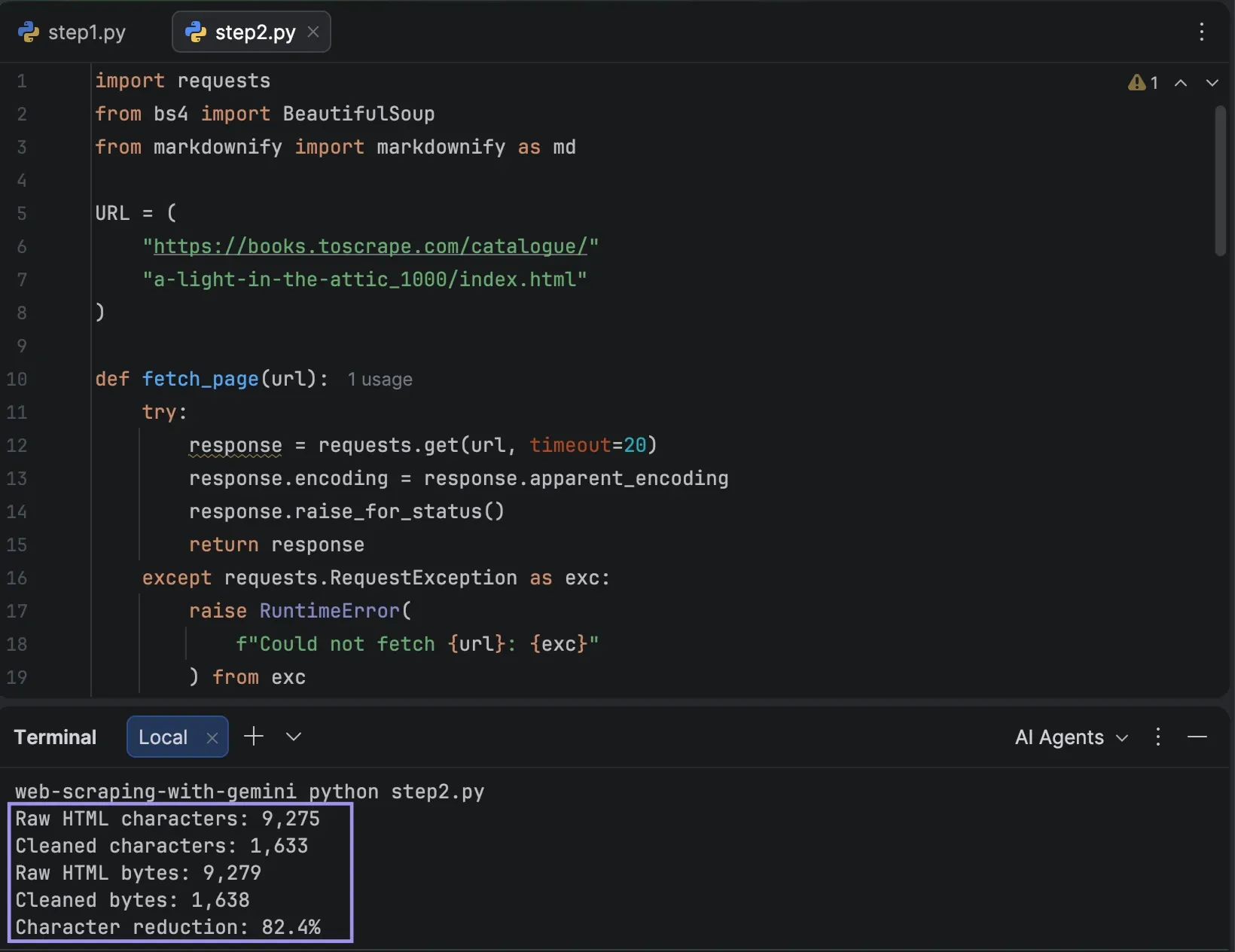 PyCharm terminal showing raw and cleaned HTML sizes with 82.4% reduction
