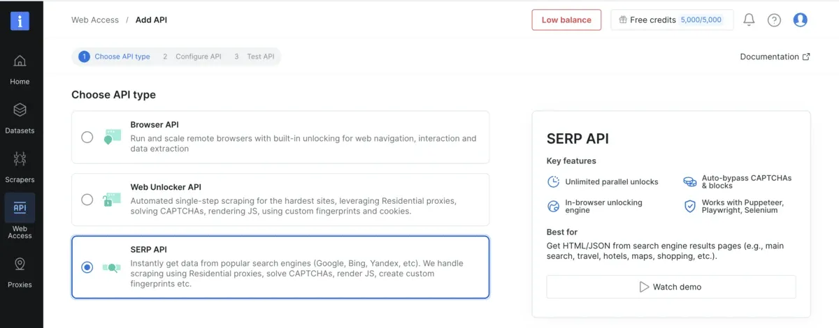 Bright Data Web Access Add API page with Browser API, Web Unlocker API and SERP API options