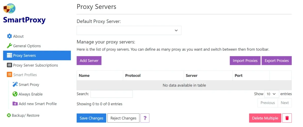 SmartProxy extension Proxy Servers panel for managing proxy servers