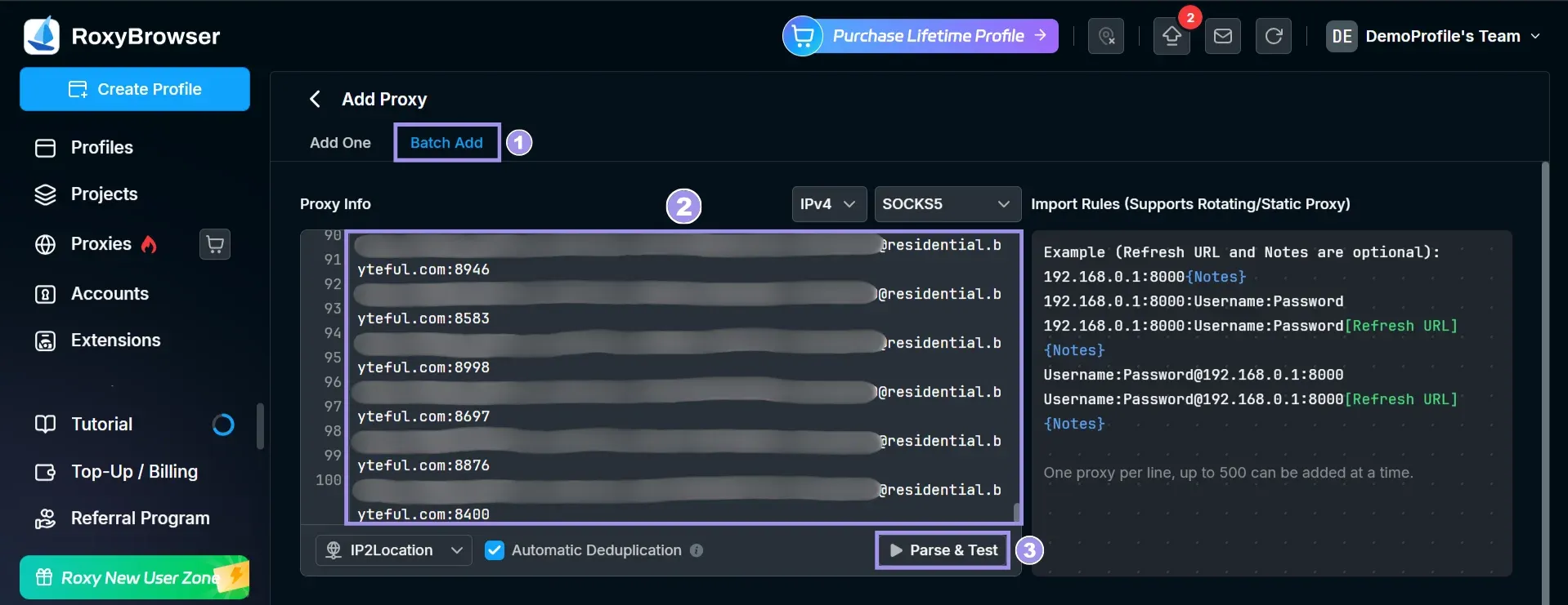 Batch adding proxies in RoxyBrowser