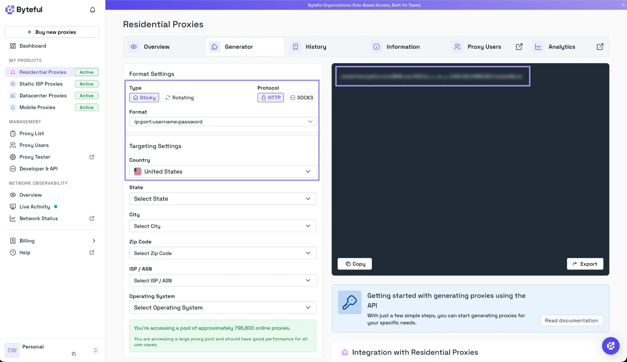 Byteful residential proxy generator with US HTTP proxy settings