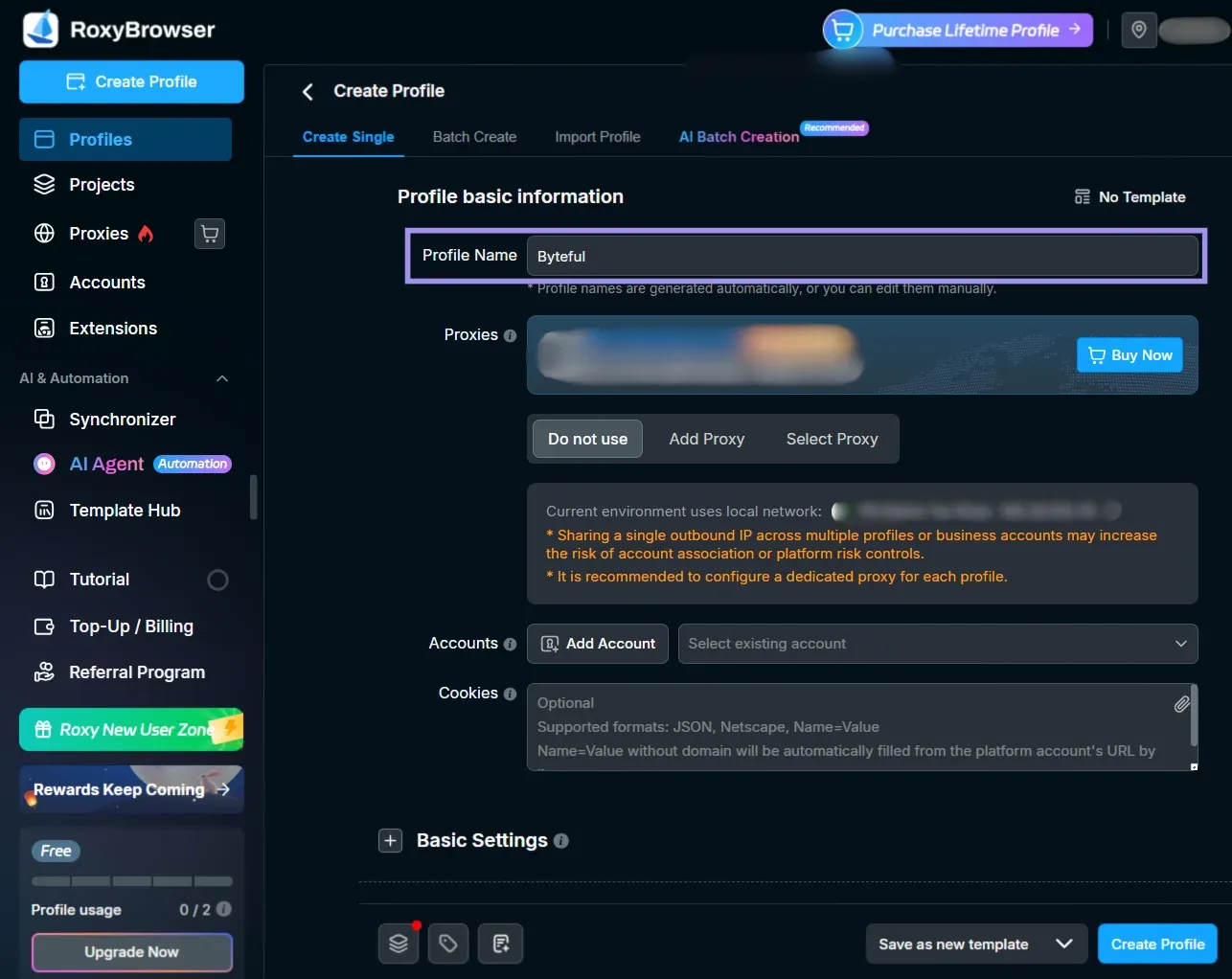 Creating a RoxyBrowser profile