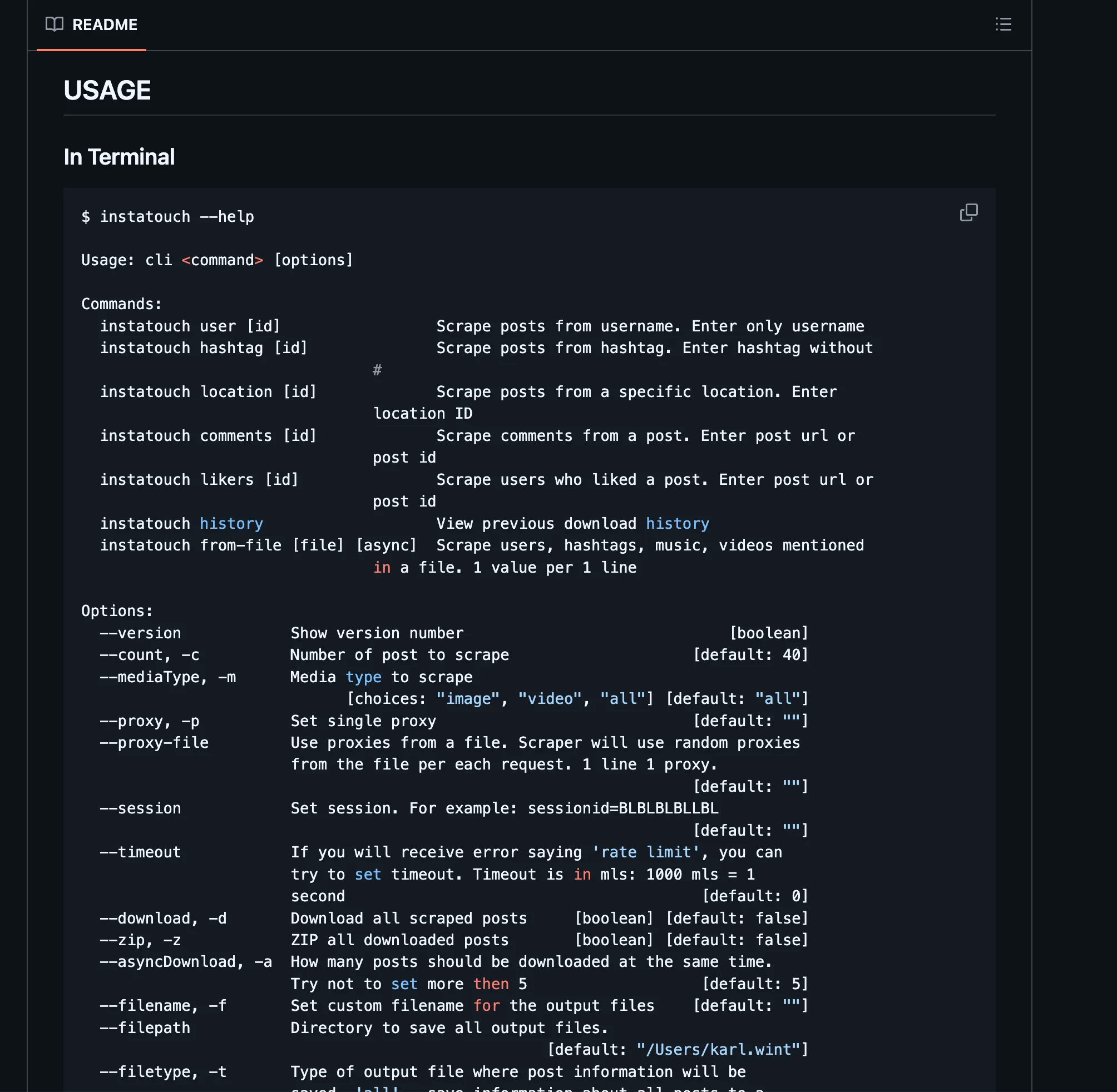 InstaTouch README showing proxy, session, and timeout options