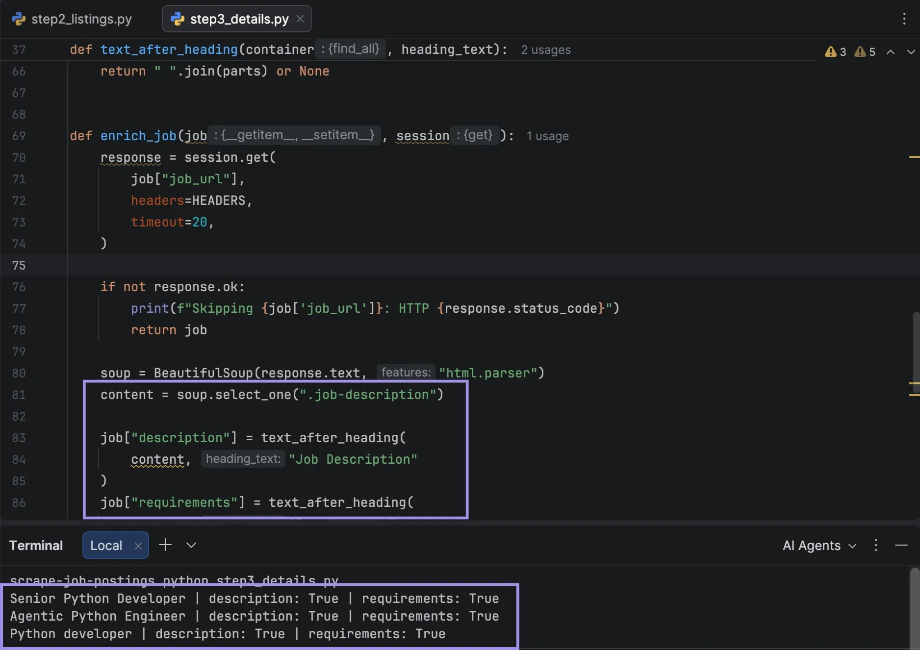 PyCharm terminal confirming job descriptions and requirements were extracted