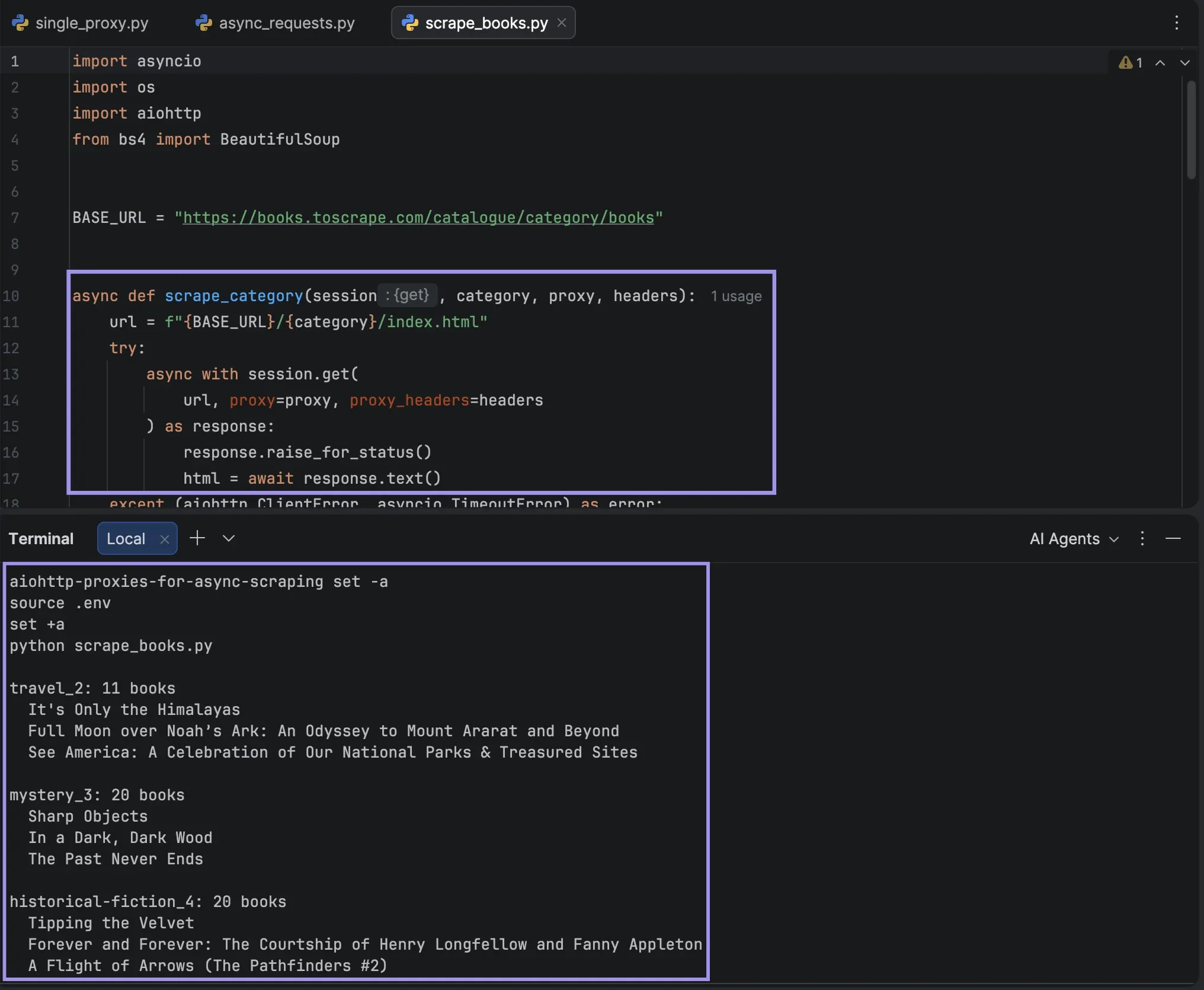 PyCharm showing book titles extracted from three categories using aiohttp