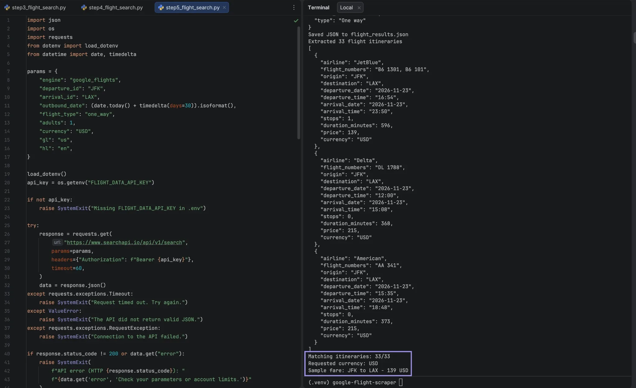 PyCharm terminal confirming 33 matching flight itineraries