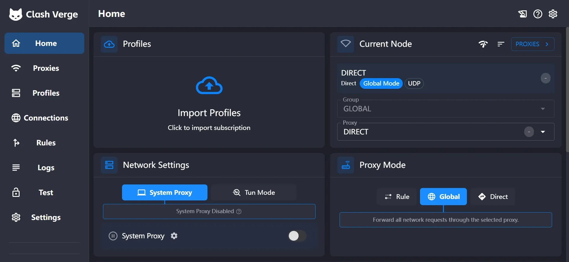 Clash Verge Rev Home tab