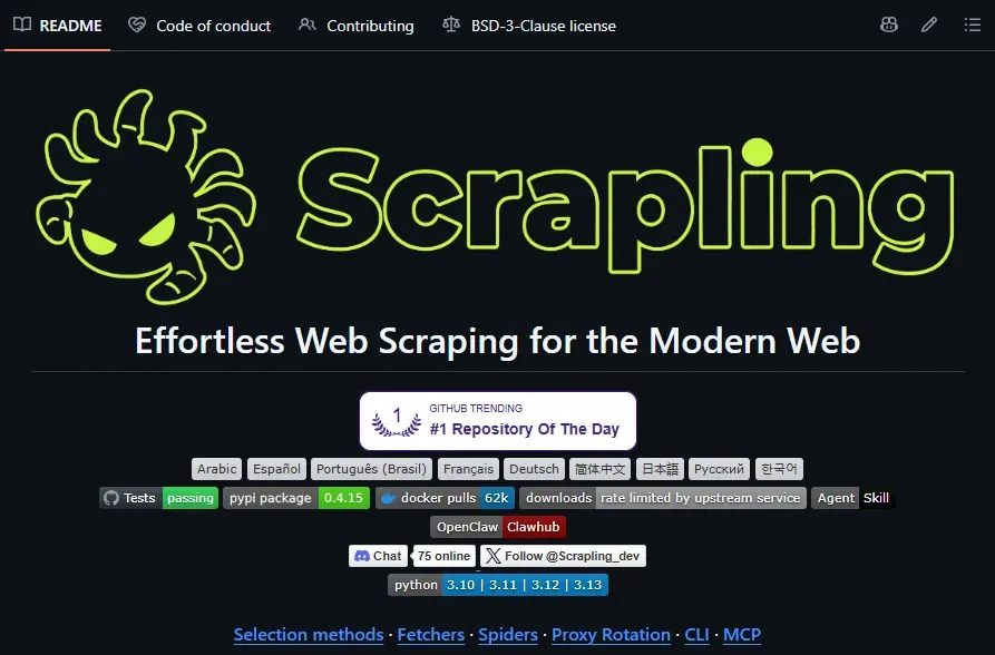 Scrapling GitHub repository README
