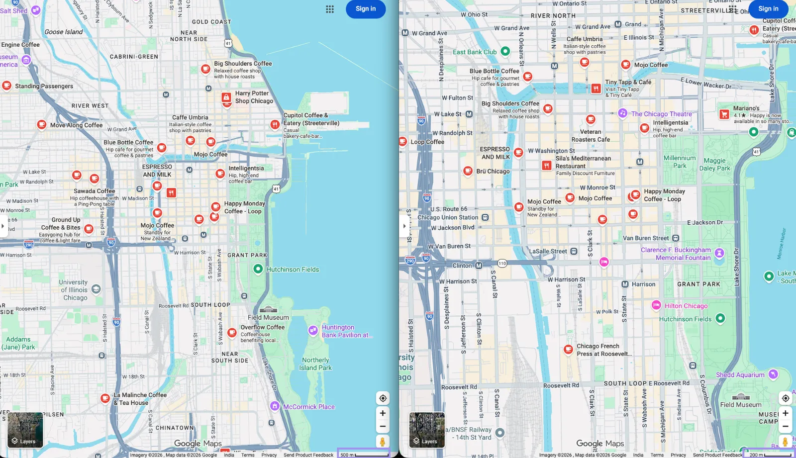 Google Maps showing the same Chicago area at zoom levels 14 and 15 with 500 m and 200 m scale bars visible