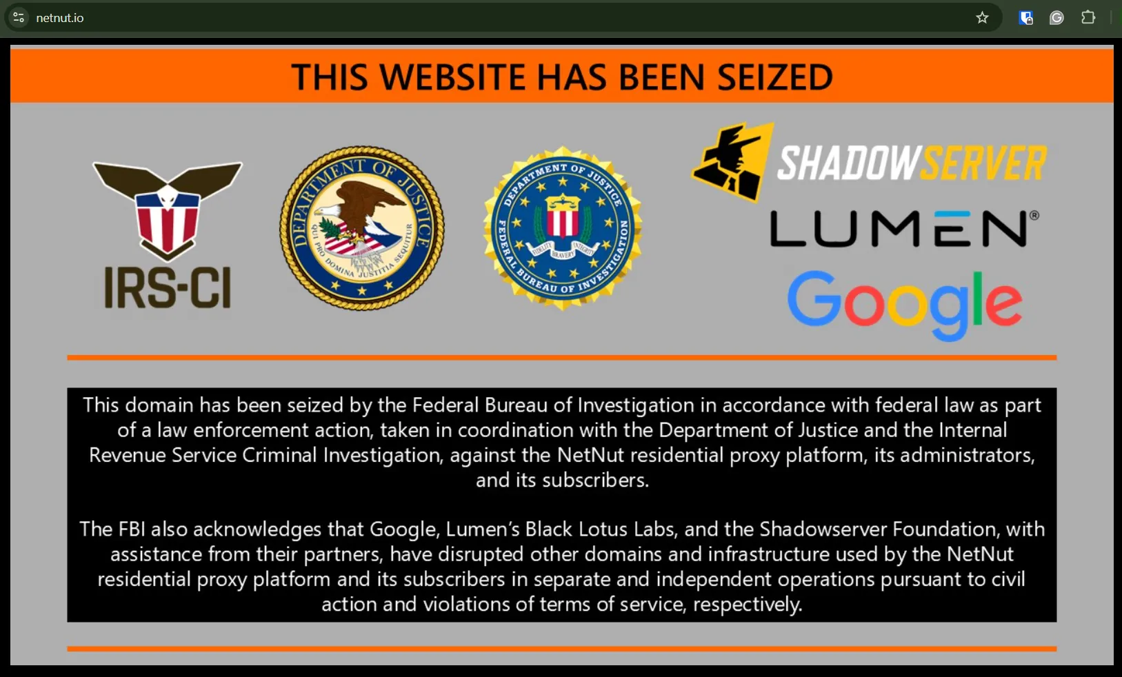 FBI website seizure notice on NetNut.io, displayed alongside the IRS-CI, Department of Justice, FBI, Shadowserver, Lumen, and Google logos