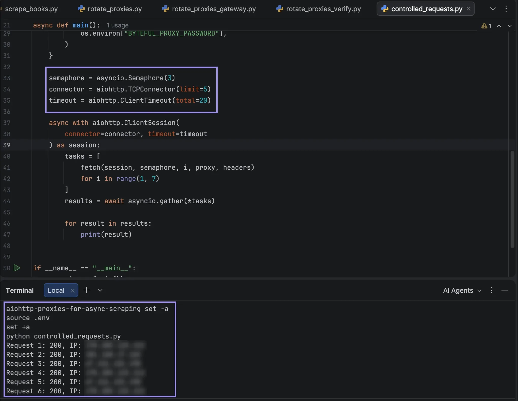 PyCharm showing concurrency limits and six successful proxy requests