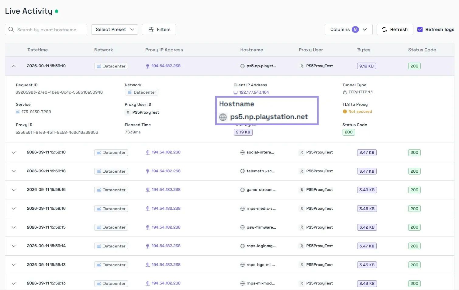 Byteful Live Activity log showing PS5 requests to PlayStation domains such as ps5.np.playstation.net through the proxy