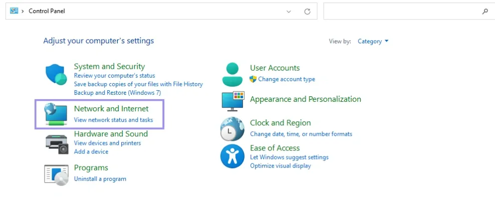 Network and Internet settings in Control Panel.webp