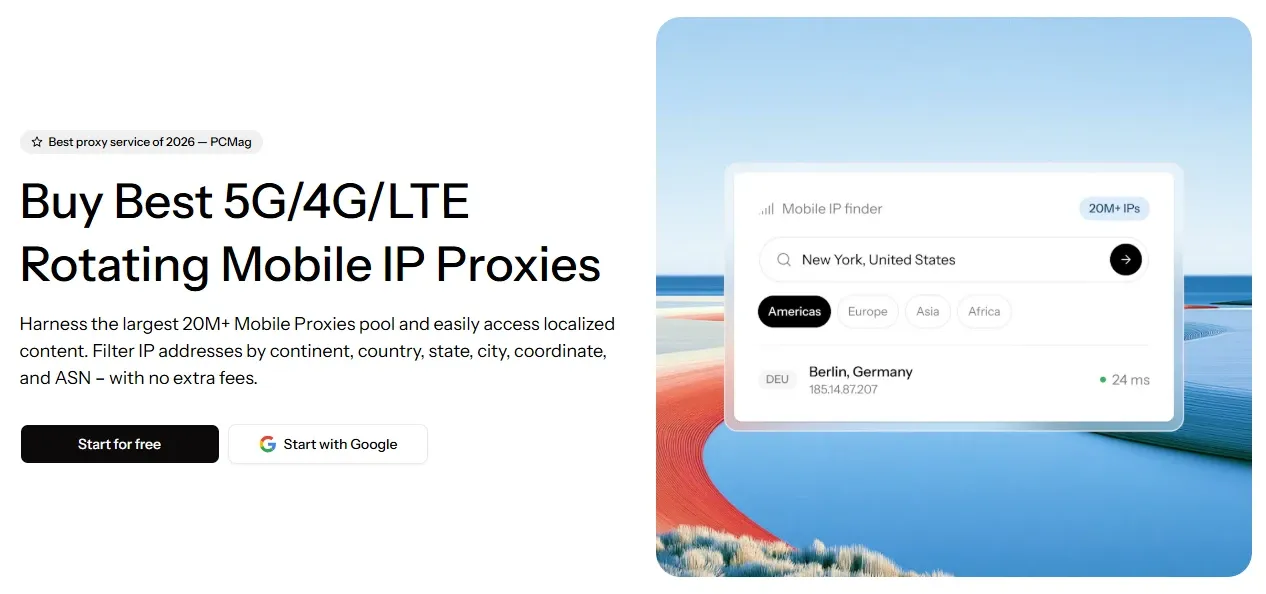 Oxylabs rotating 5G/4G/LTE mobile proxies page with a mobile IP finder filtered by continent