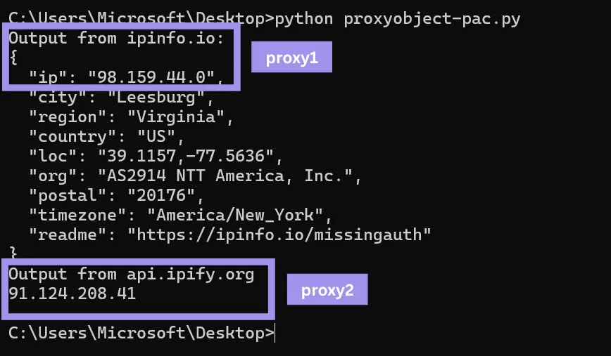 Command prompt to test proxy integration on Selenium via proxy object and PAC