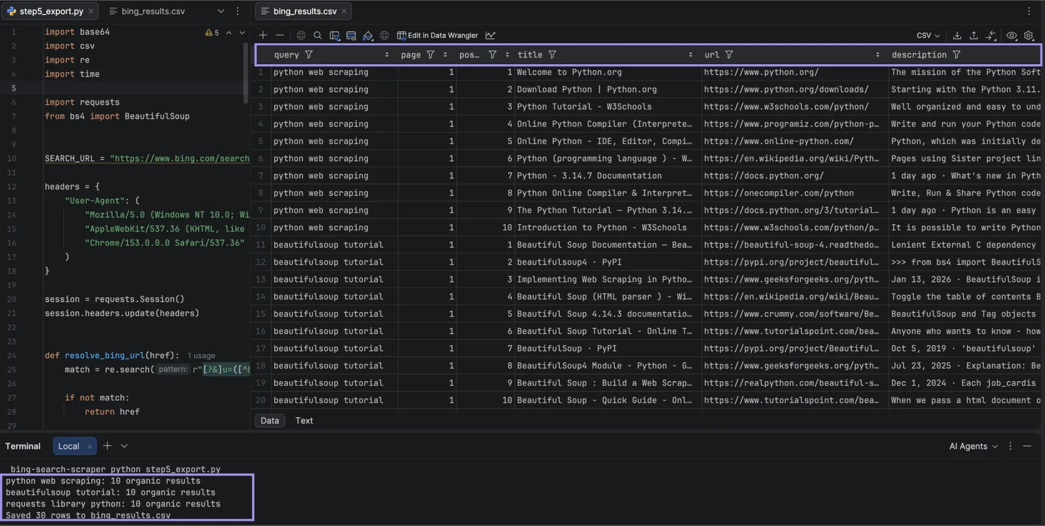PyCharm showing Bing search results exported to CSV