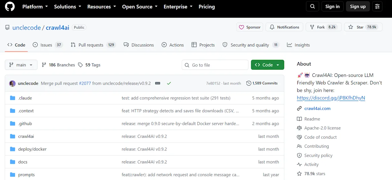 Crawl4AI open-source GitHub repository page showing its file list and 78,900 stars