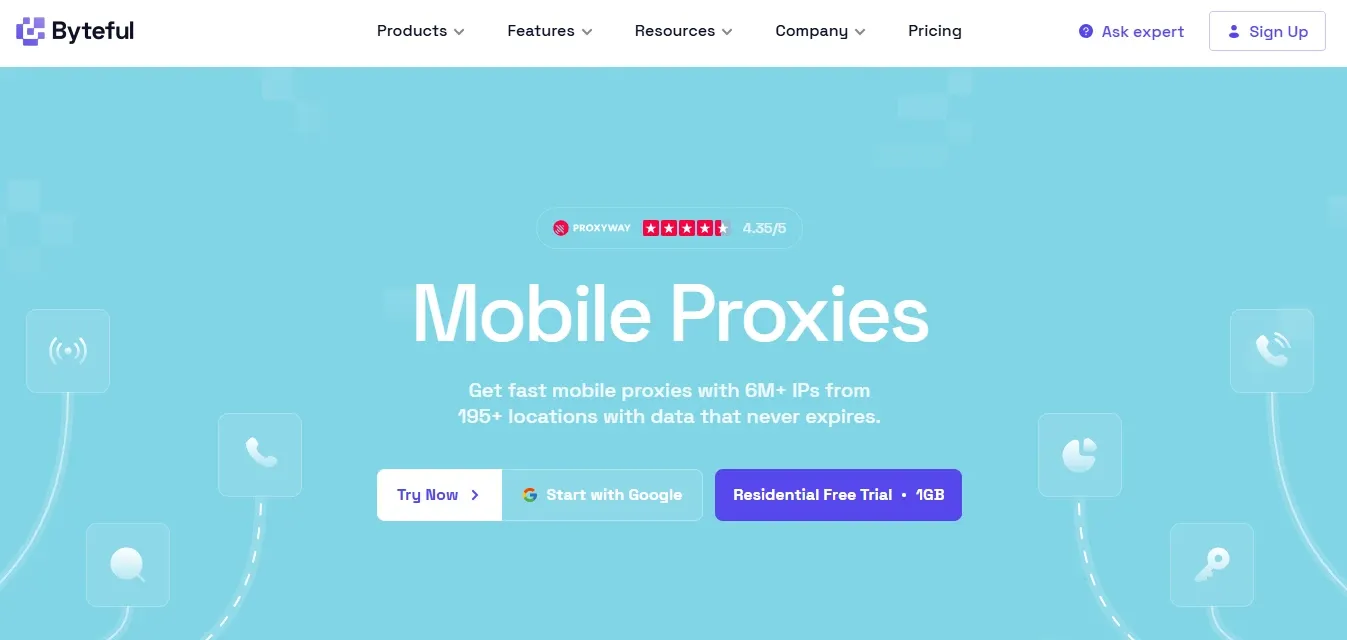 Byteful mobile proxies landing page with options to start a free trial or buy mobile proxies