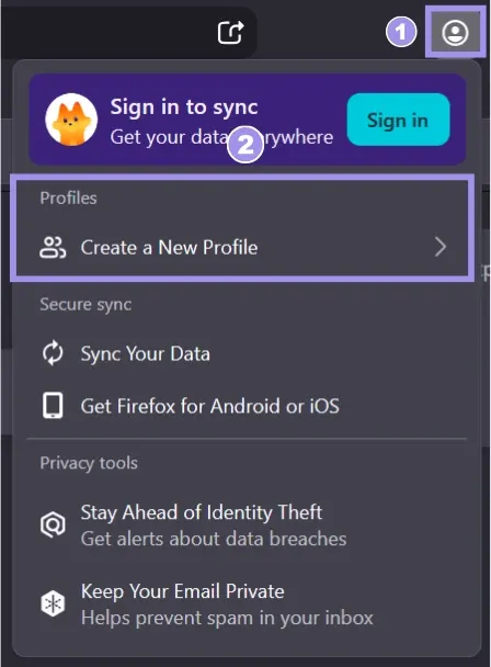 Firefox account menu with Create a New Profile highlighted