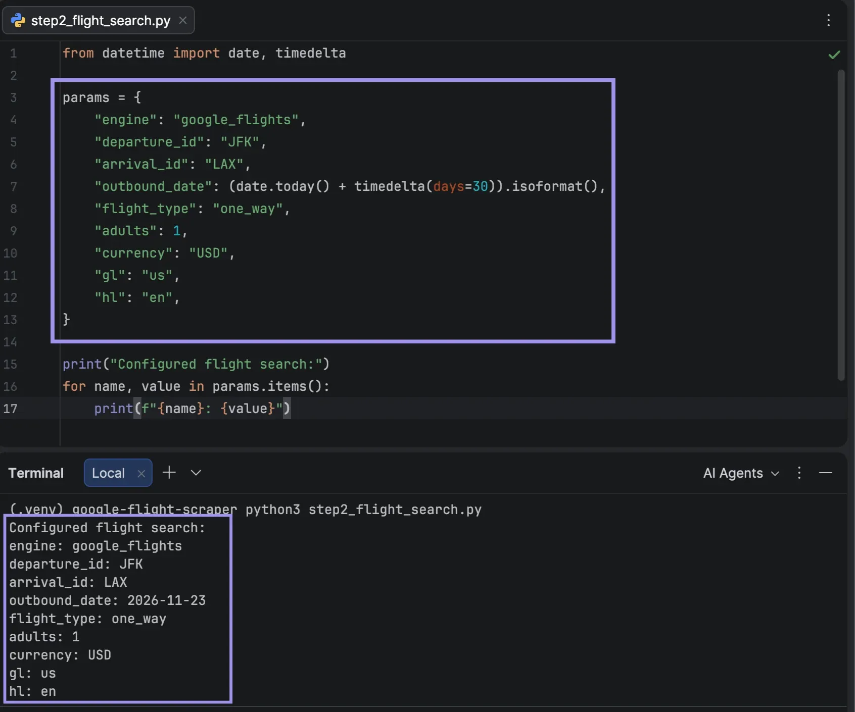 PyCharm showing Python flight search parameters for JFK to LAX