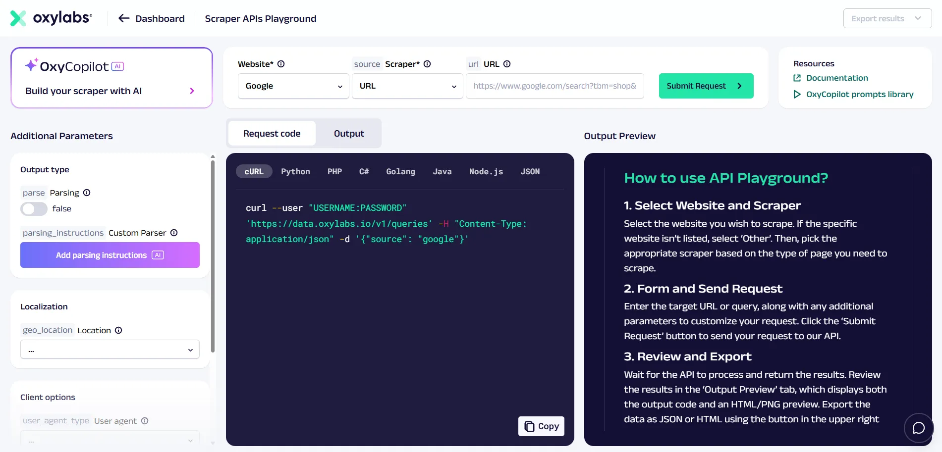 Oxylabs Scraper APIs Playground with OxyCopilot and a cURL request for scraping Google