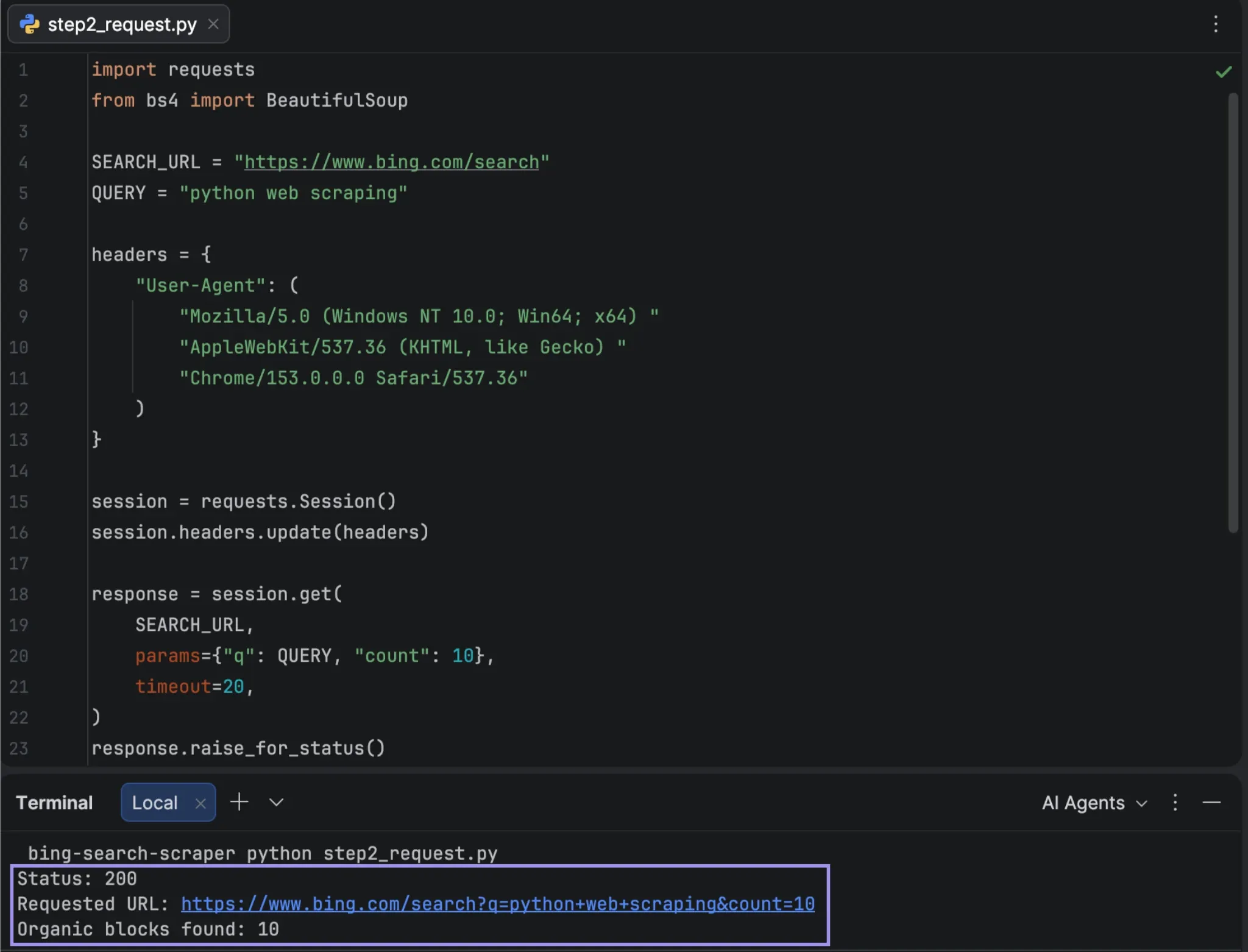 PyCharm terminal showing a successful Bing request and 10 organic blocks