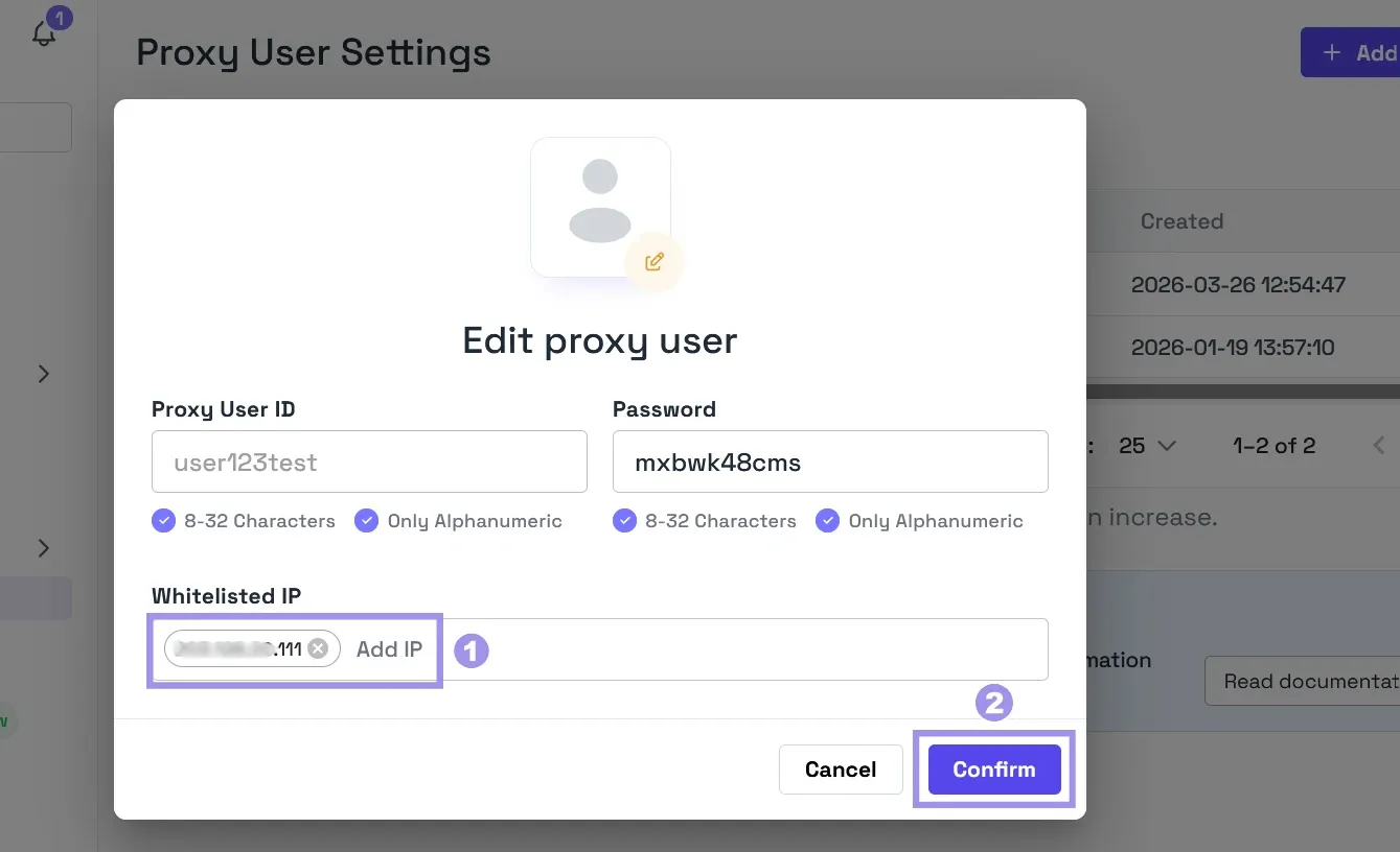 Whitelist IP address on edit proxy user pop-up