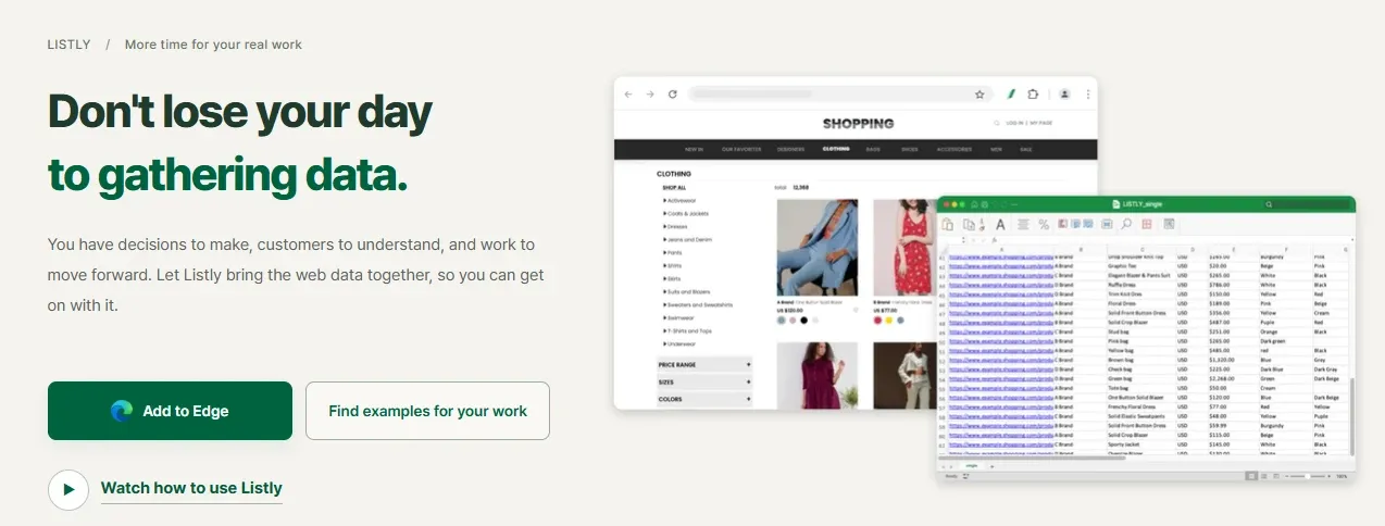 Listly homepage with the tagline “Don’t lose your day to gathering data” and an option to add the browser extension