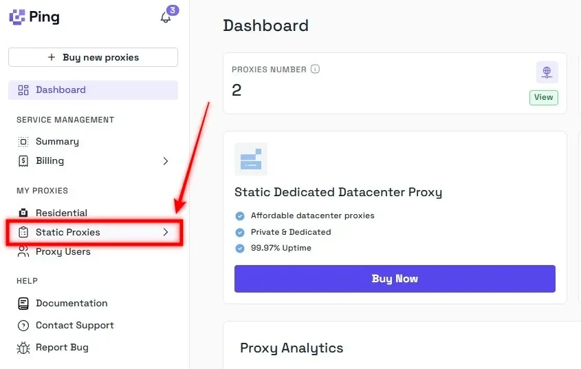 Click on Static Proxies in Ping Proxies.webp