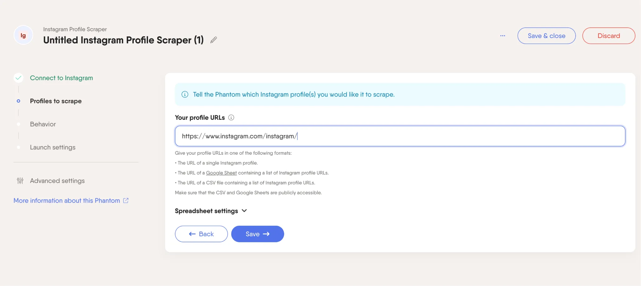 PhantomBuster Instagram Profile Scraper showing profile URL input