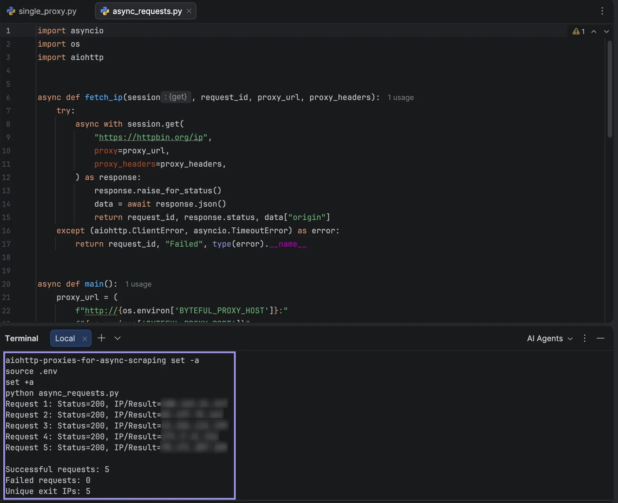 PyCharm terminal showing five successful requests and unique exit IP count