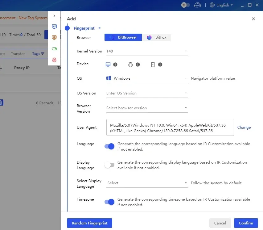 BitBrowser Fingerprint details.webp