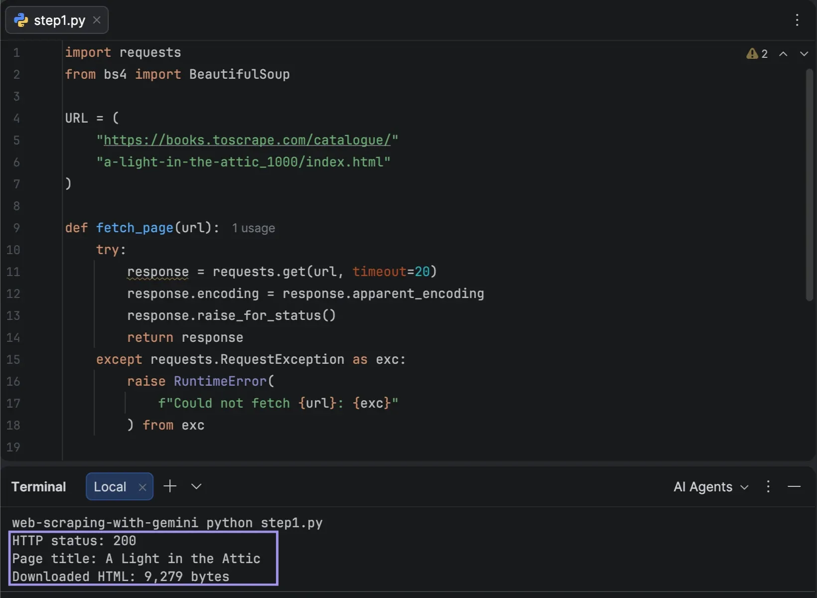 PyCharm terminal showing HTTP 200, book title, and downloaded HTML size