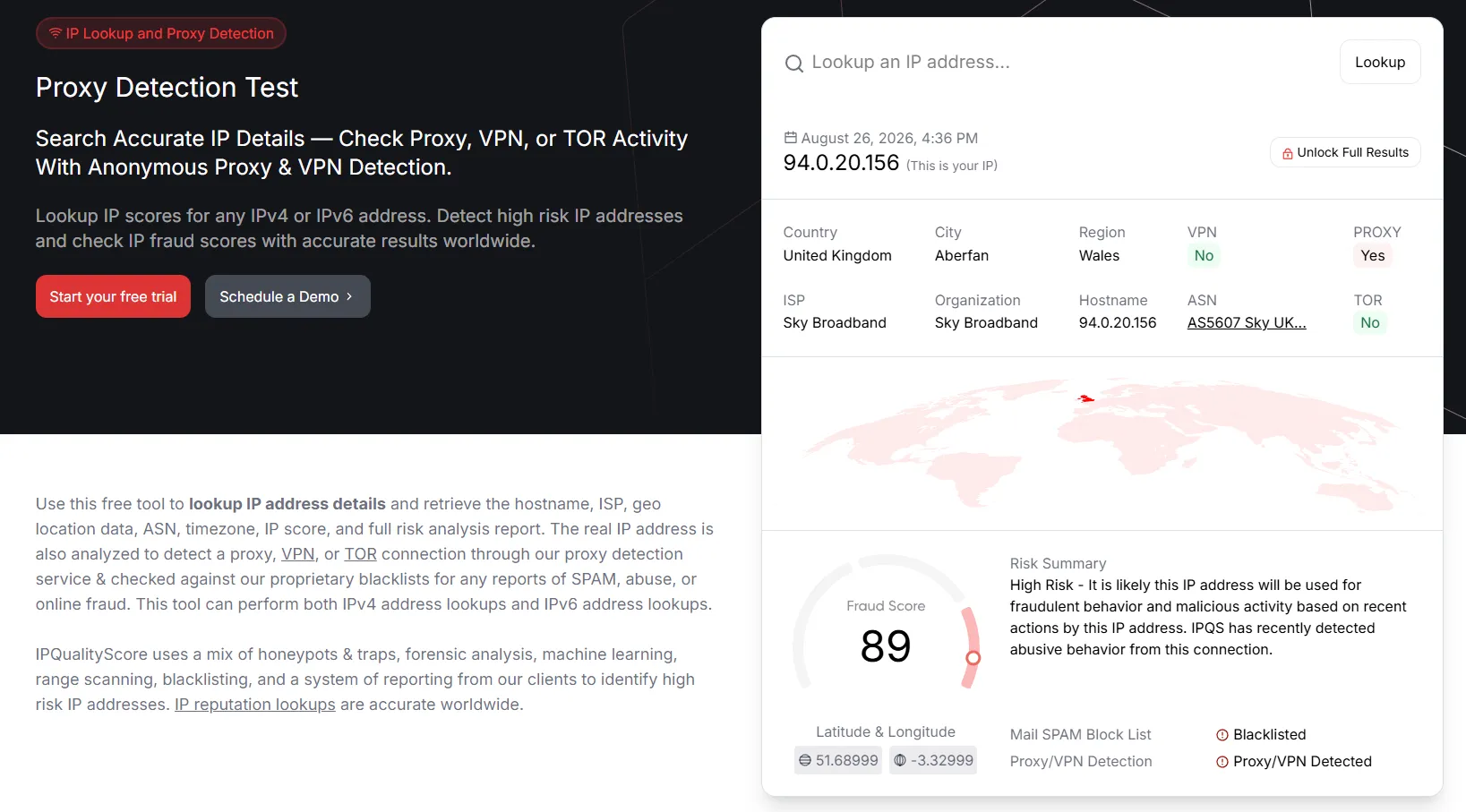 Risk score for residential IP on IP Quality Score