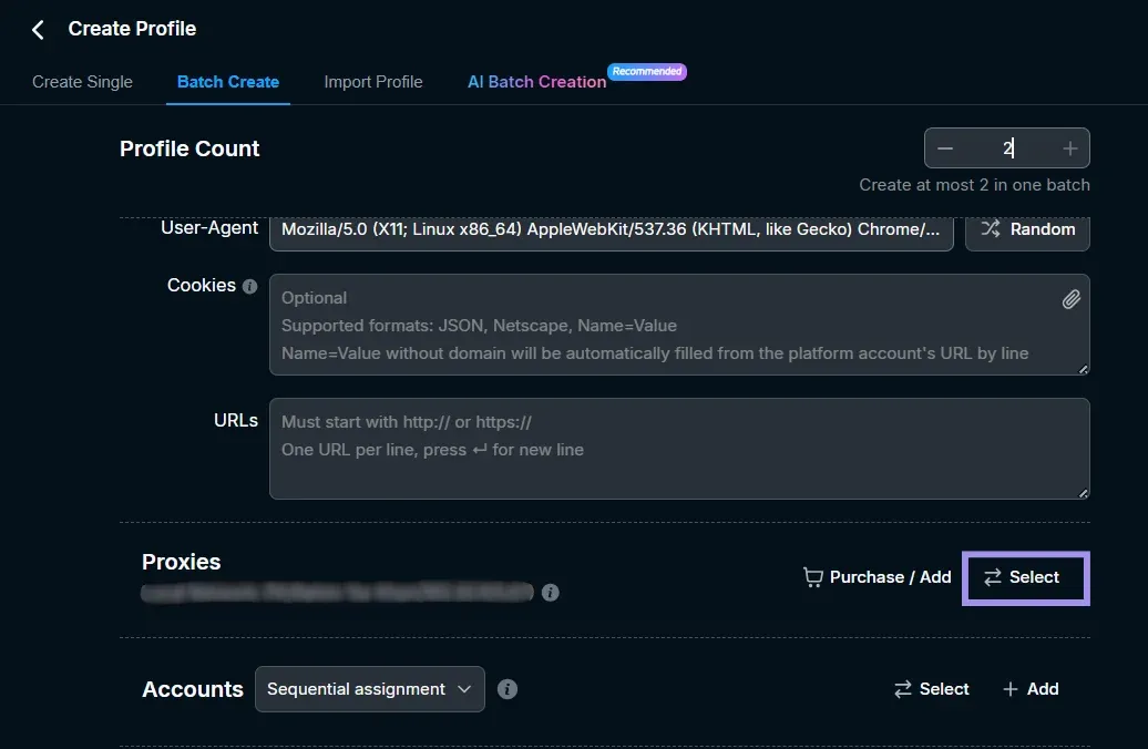 Create a profile in RoxyBrowser