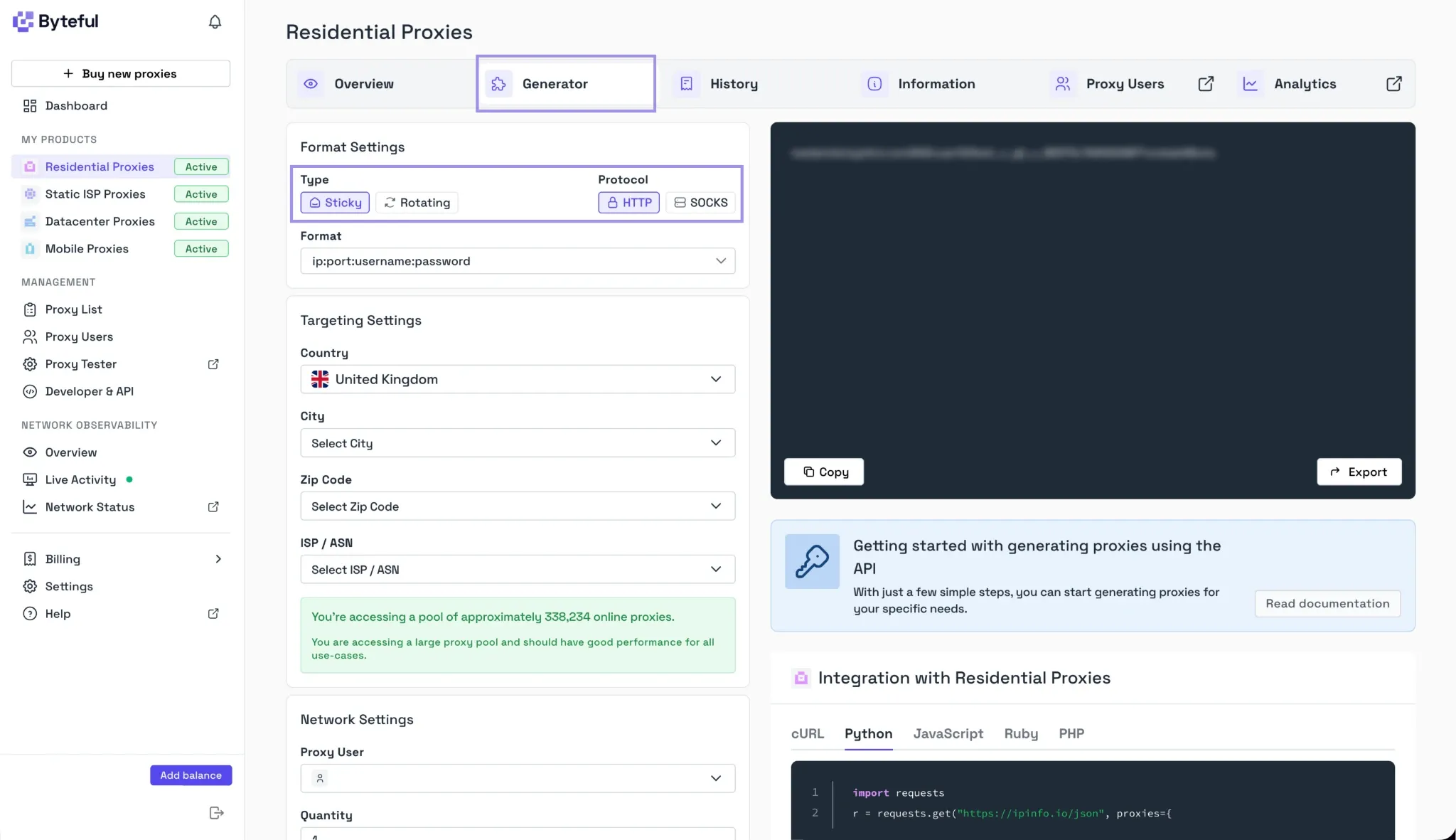 Byteful residential proxy generator with HTTP proxy settings