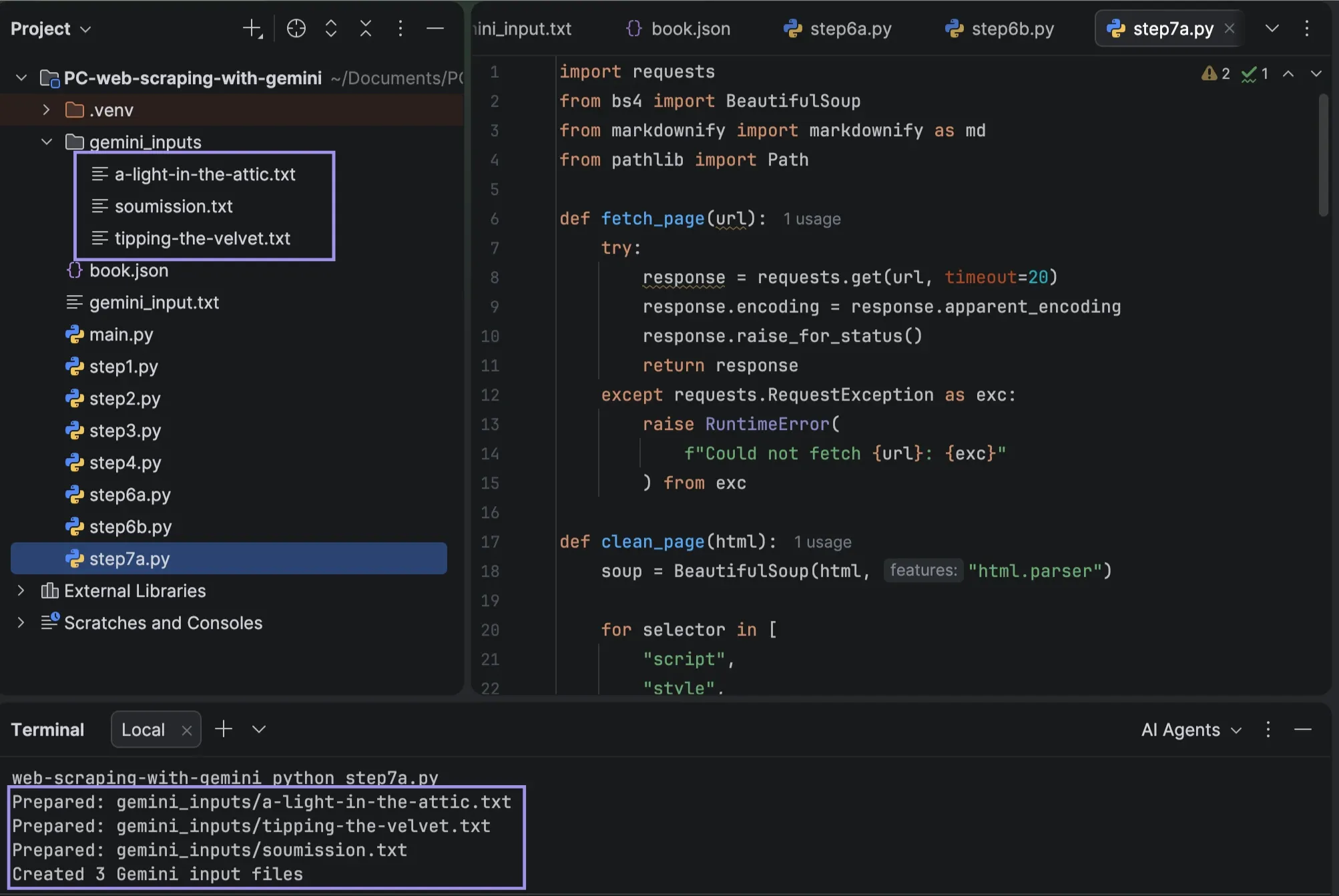 PyCharm showing three generated Gemini input files and terminal confirmation