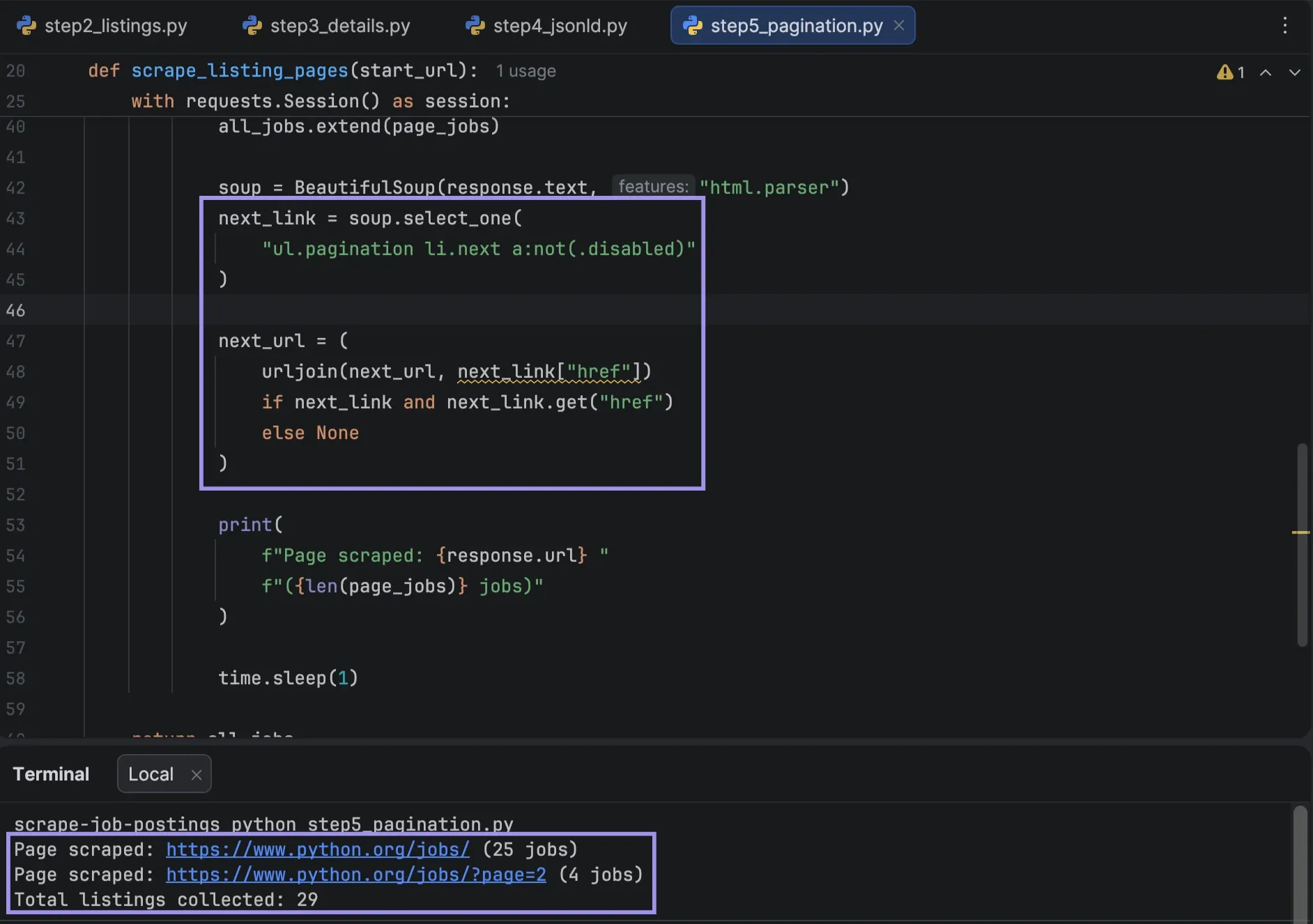 PyCharm terminal showing two Python.org pages scraped with 29 listings collected