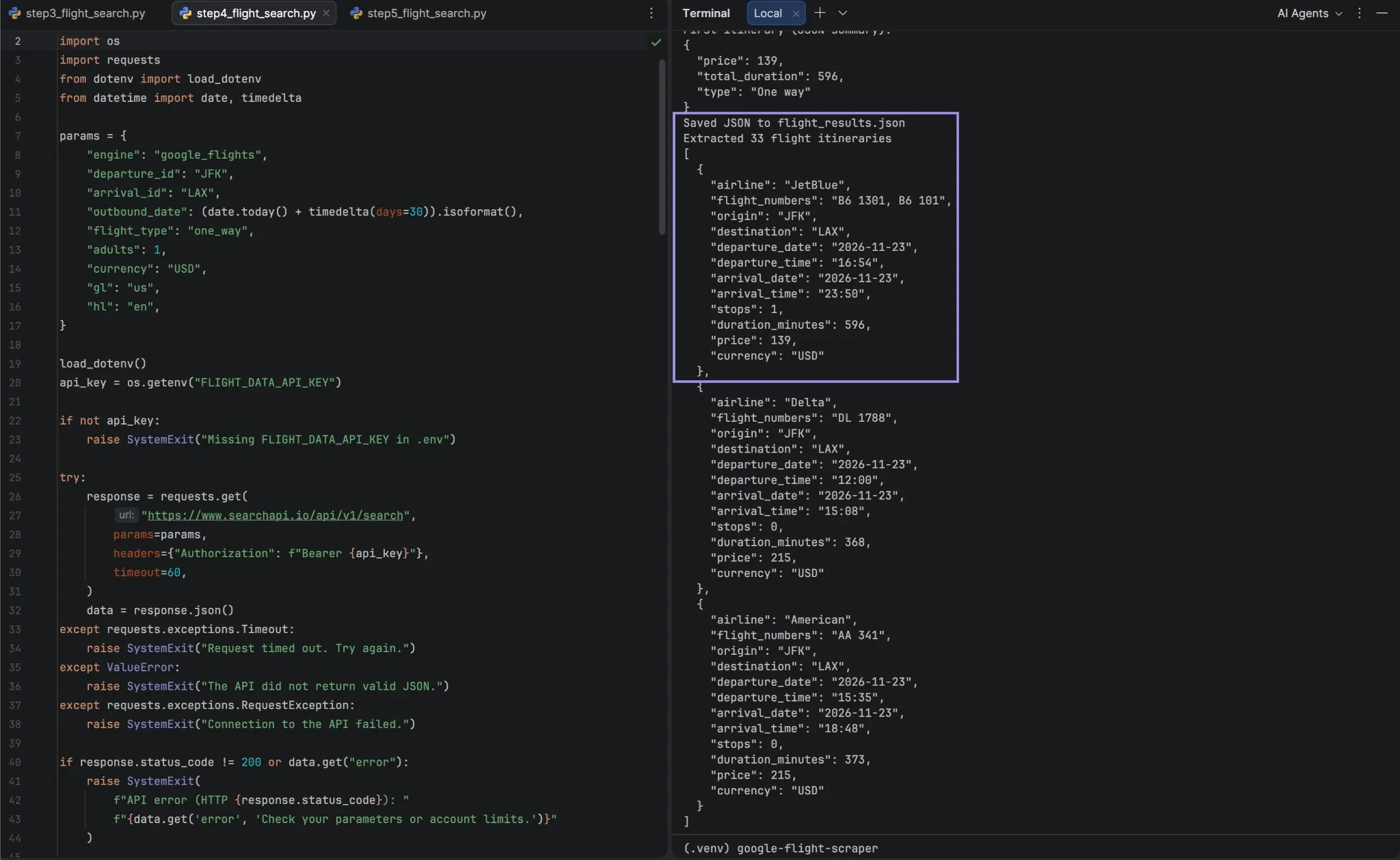 PyCharm showing extracted flight itineraries with airline, route, and price details