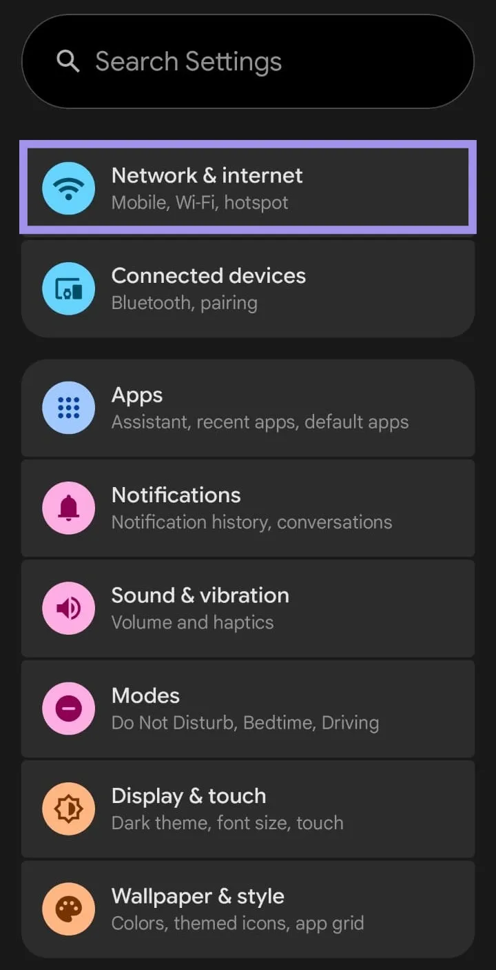 Network and internet in Android Settings.webp