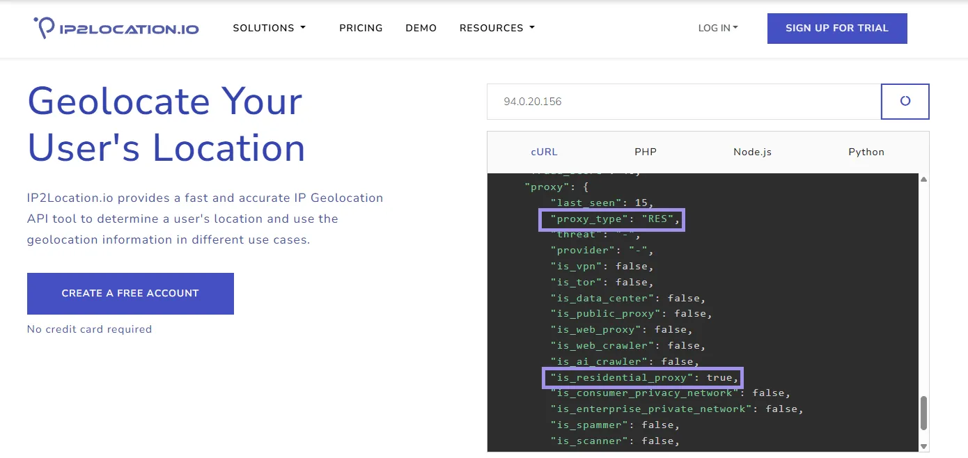 Proxy type on ip2location.io