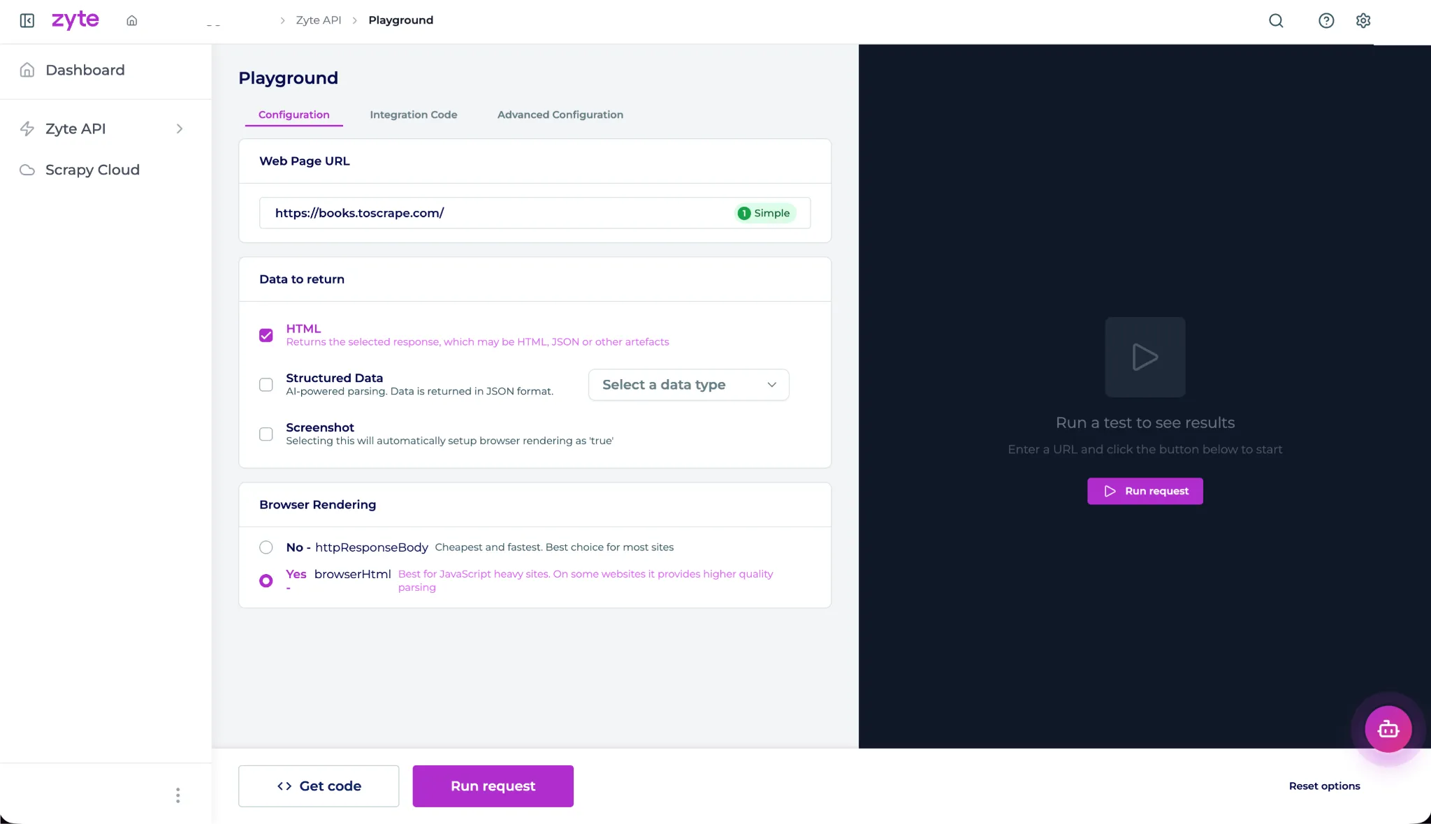 Zyte API Playground showing URL and browser rendering settings