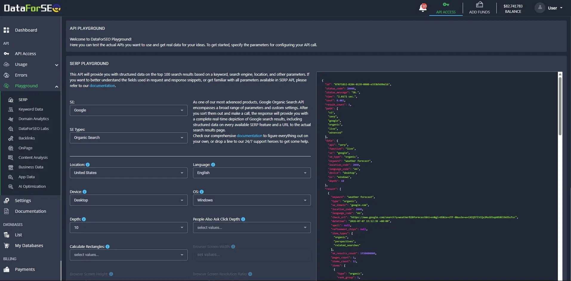 DataForSEO API Playground configuring a Google Organic Search request with structured JSON output