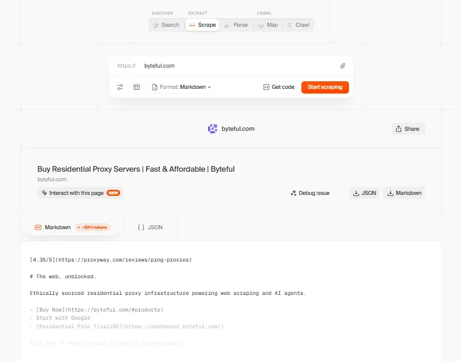 Firecrawl interface scraping byteful.com with Markdown output format selected, showing the extracted page content and a Start scraping button