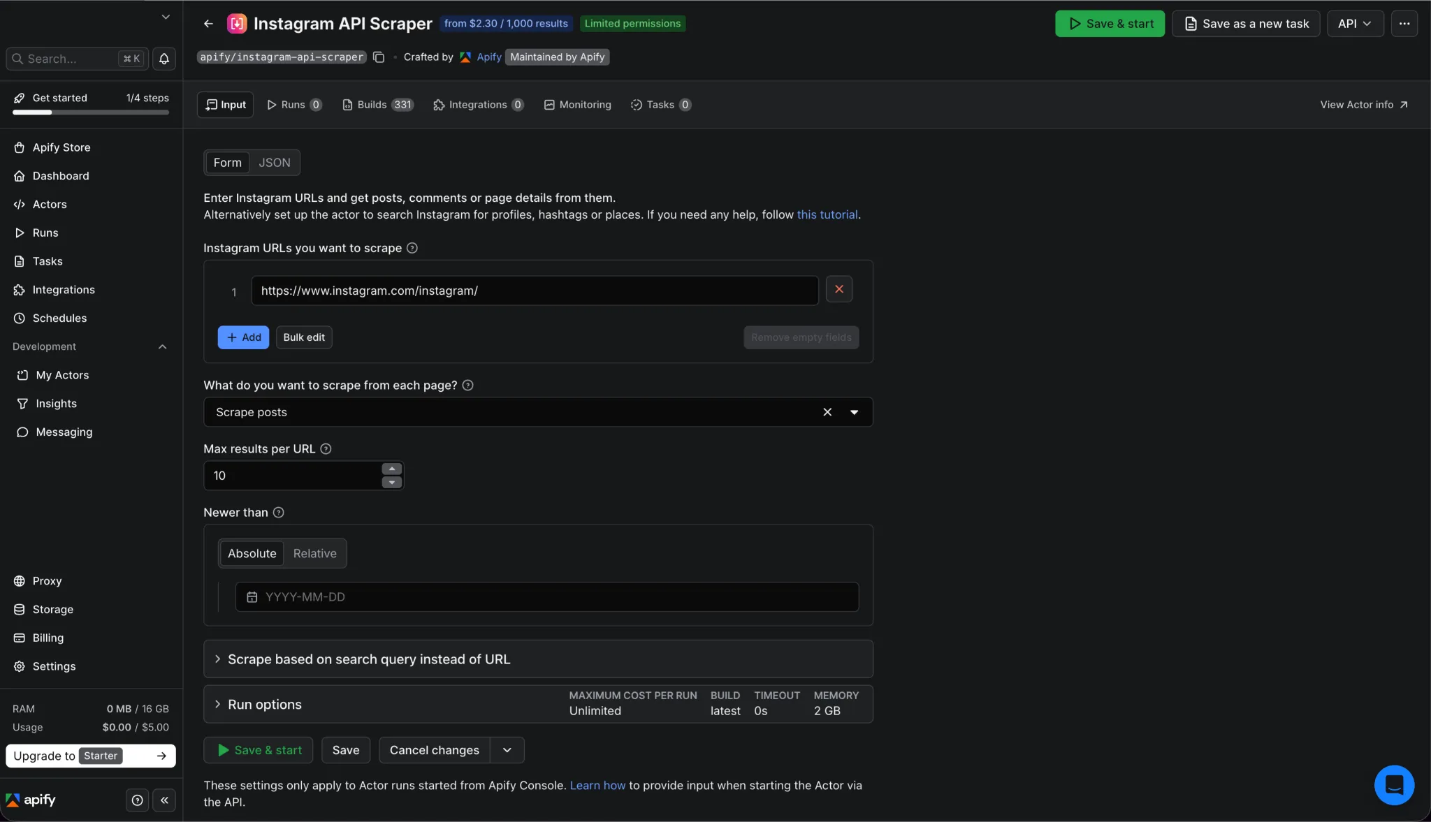 Apify Instagram Scraper showing URL and scraping settings