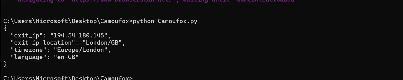 Camoufox proxy integration test with geoip set to true