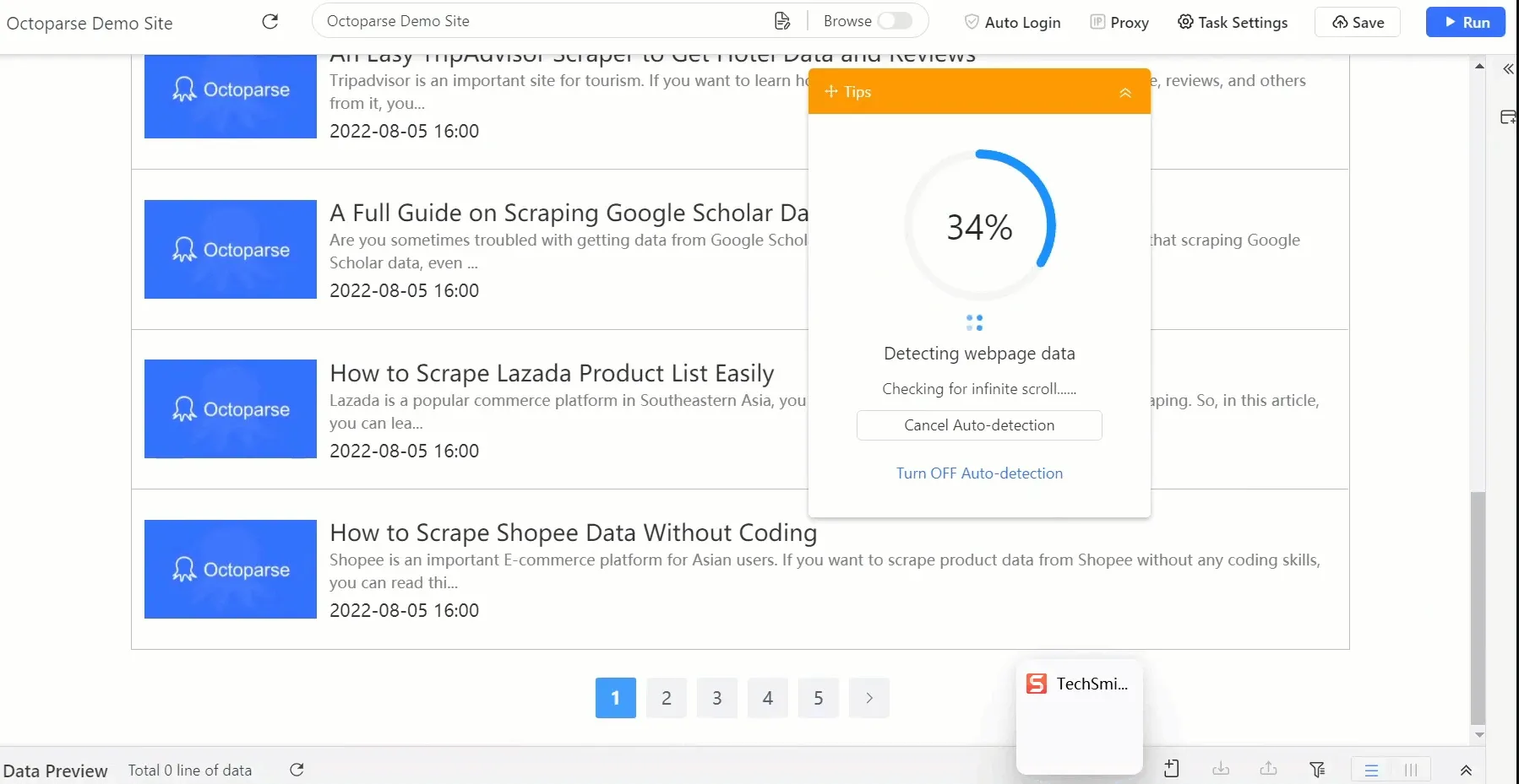 Octoparse scraping a demo site with its auto-detection dialog analyzing the webpage data at 34 percent