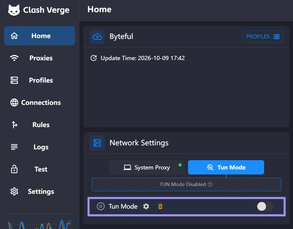 TUN mode in Clash Verge Rev Home tab